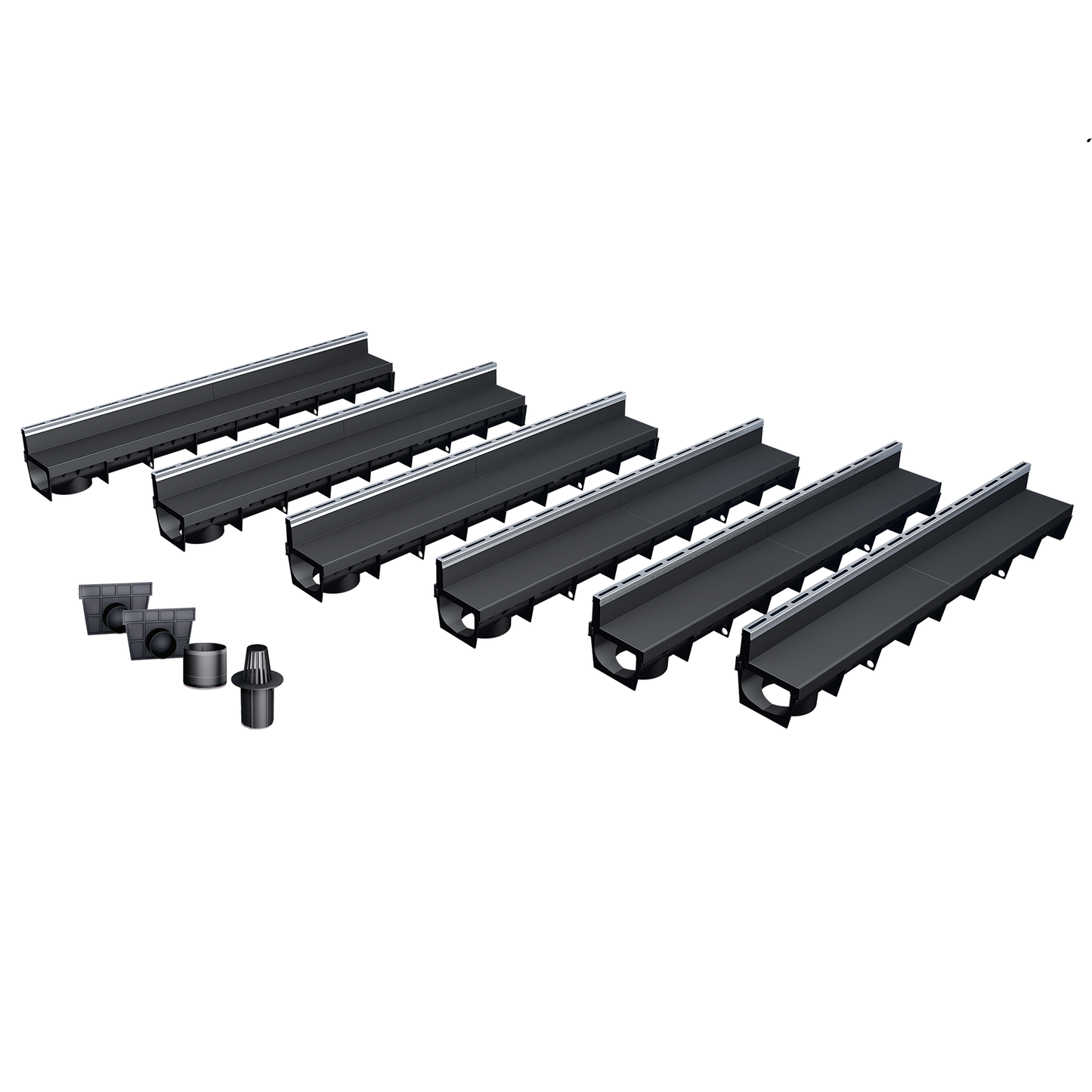 Pack de 6 caniveaux MEAPARK en plastique recyclé avec fente en polypropylène et profil inox 304 Eblade R - Classe de charge A15 - Norme PMR - Facile à poser. Vendu avec kit d'accessoires complet.