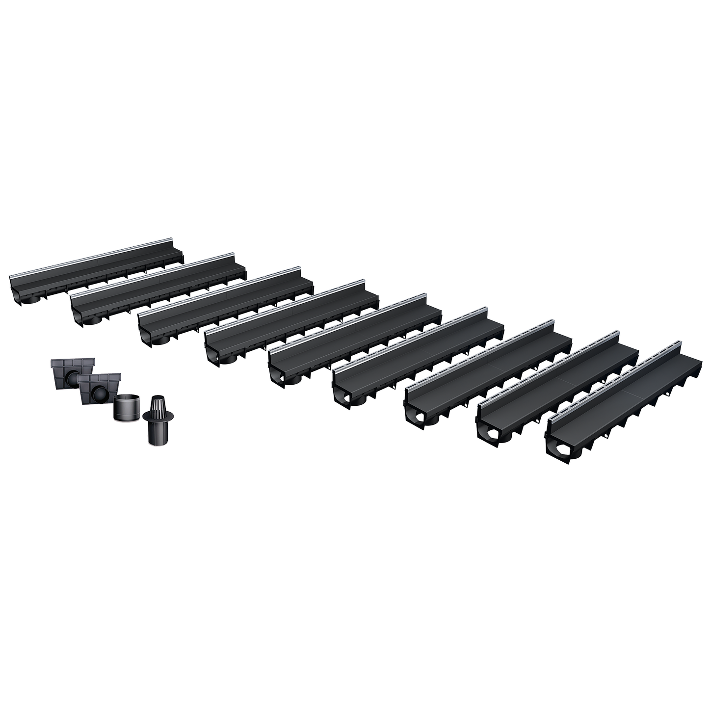 Pack de 9 caniveaux MEAPARK en plastique recyclé avec fente en polypropylène et profil inox 304 Eblade R - Classe de charge A15 - Norme PMR - Facile à poser. Vendu avec kit d'accessoires complet.