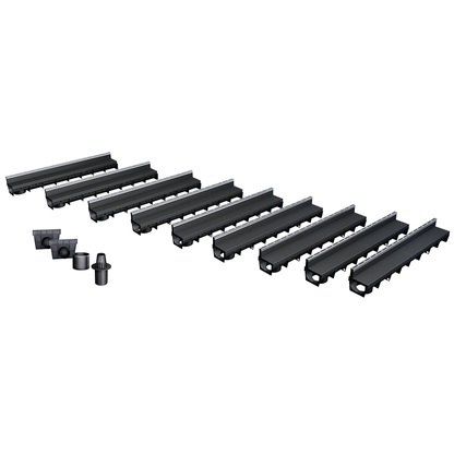 Pack de 9 caniveaux MEAPARK en plastique recyclé avec fente en polypropylène et profil inox 304 Eblade R - Classe de charge A15 - Norme PMR - Facile à poser. Vendu avec kit d'accessoires complet.