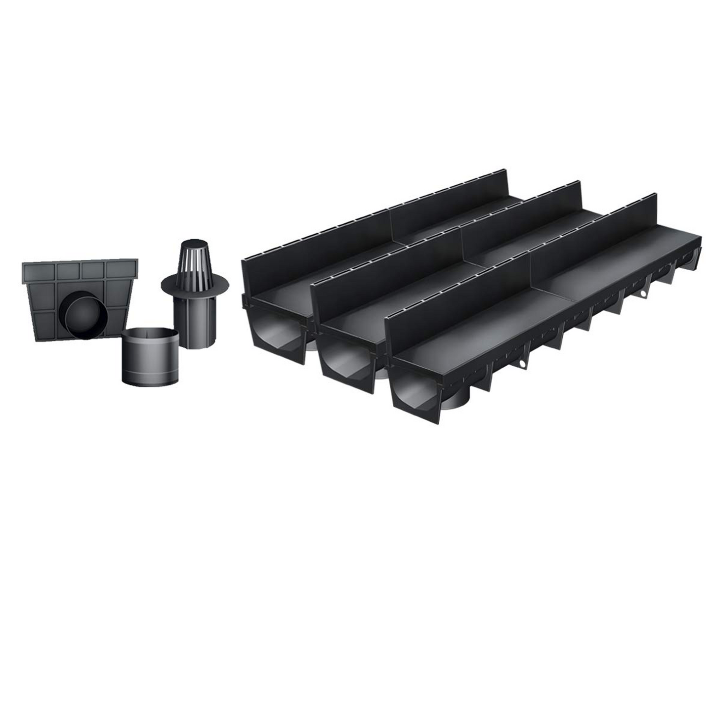 Pack de 3 caniveaux discrets MEAPARK en plastique recyclé avec fente TSC en polypropylène - Classe de charge A15 - Norme PMR - Facile à poser. Adapté pour terrasse, jardin, entrée de bâtiment et piscine.