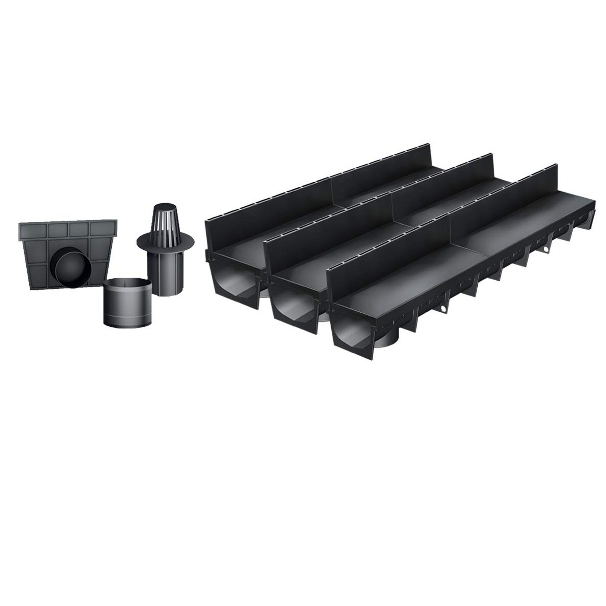 Pack de 3 caniveaux discrets MEAPARK en plastique recyclé avec fente TSC en polypropylène - Classe de charge A15 - Norme PMR - Facile à poser. Adapté pour terrasse, jardin, entrée de bâtiment et piscine.