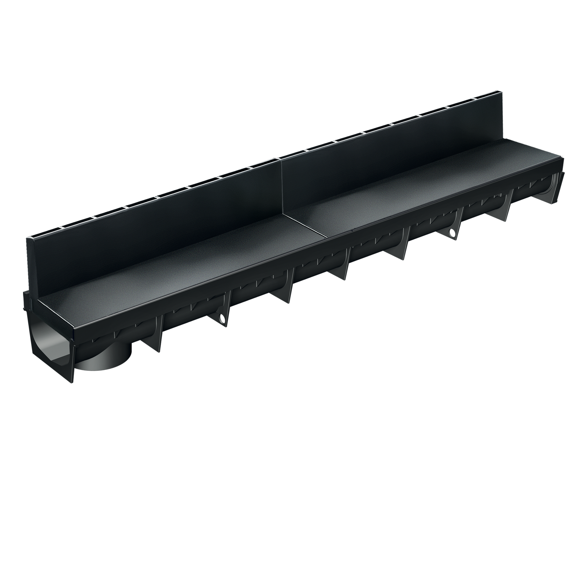Caniveau discret MEAPARK en plastique recyclé avec fente TSC en polypropylène - Classe de charge A15 - Norme PMR - Facile à poser. Adapté pour terrasse, jardin, entrée de bâtiment et piscine.