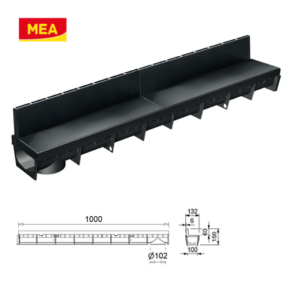 Caniveau discret MEAPARK en plastique recyclé avec fente en polypropylène  - Classe de charge A15 - Norme PMR - Facile à poser. Adapté pour terrasse, jardin, entrée de bâtiment et piscine.
