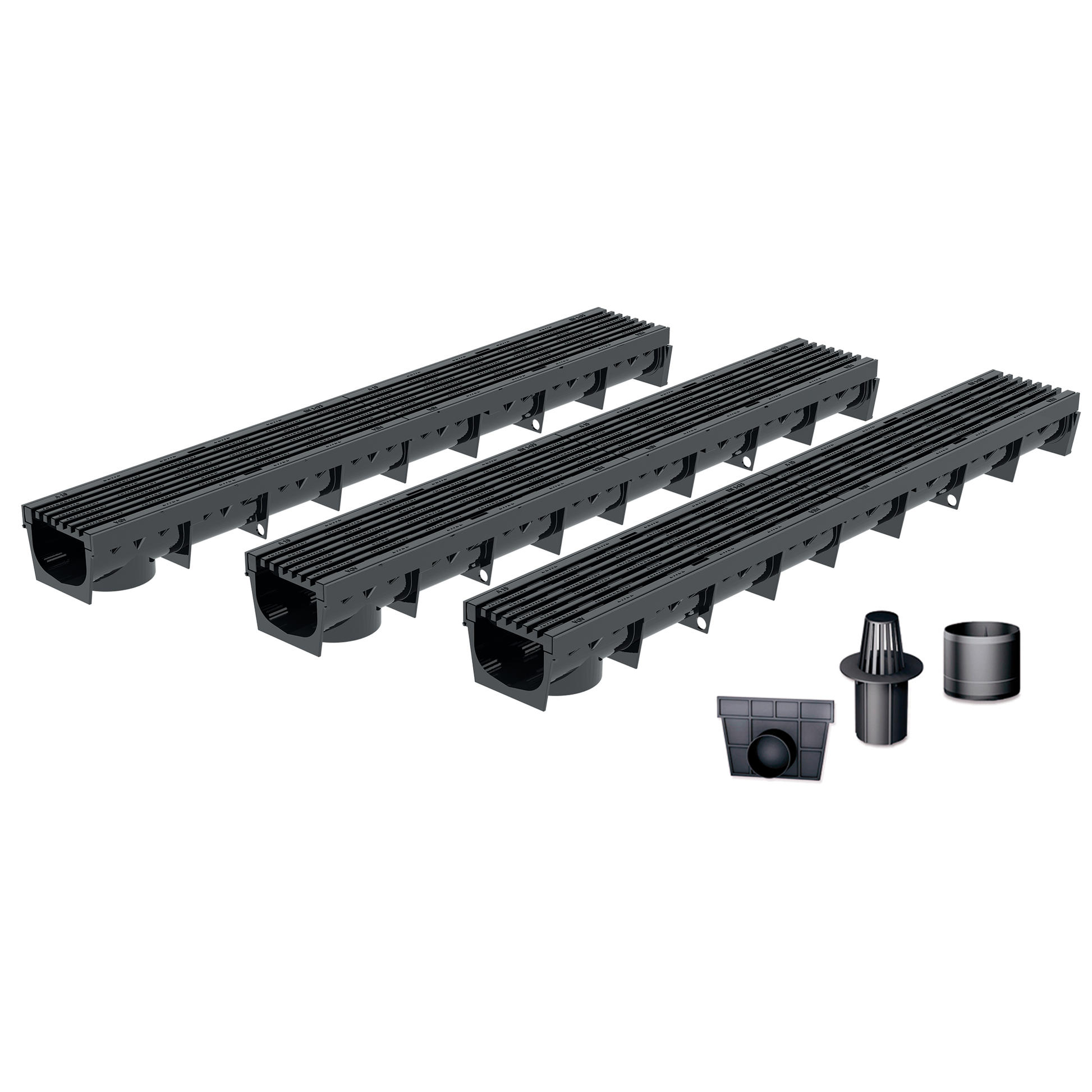 Pack de 3 caniveaux MEAPARK avec grille longitudinale noire en plastique recyclé - Classe de charge A15 - Norme PMR - Facile à poser. 