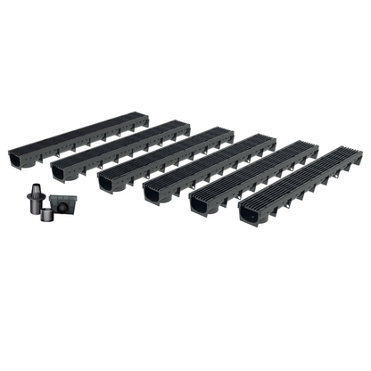 Pack de 6 caniveaux MEAPARK avec grille longitudinale noire en plastique recyclé - Classe de charge A15 - Norme PMR - Facile à poser. 