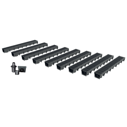 Pack de 9 caniveaux MEAPARK avec grille longitudinale noire en plastique recyclé - Classe de charge A15 - Norme PMR - Facile à poser. 
