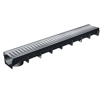 Caniveau en plastique recyclé MEAPARK avec grille en acier galvanisé - Classe de charge A15 - norme PMR - Made in Germany - adapté pour terrasse, jardin et entrée de bâtiment.