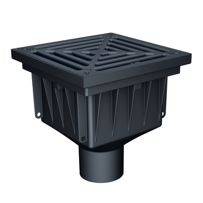 Avaloir de cour MEAPARK en plastique recyclé avec grille en fonte, résistant à une classe de charge B125 selon la norme EN 1433. Norme PMR, installation simple et rapide, adapté au passage de véhicule léger.