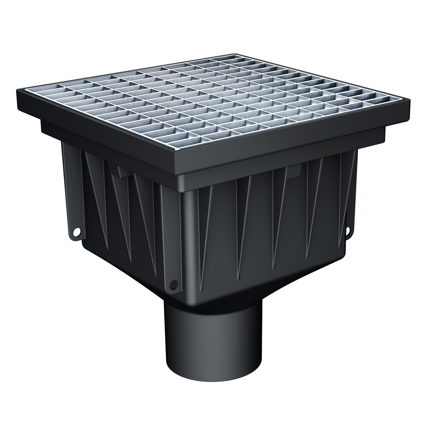 Avaloir de cour MEAPARK en plastique recyclé avec grille caillebotis maille 20/30 en acier galvanisé, résistant à une classe de charge B125 selon la norme EN 1433. Norme PMR, installation simple et rapide, adapté au passage de véhicule léger.