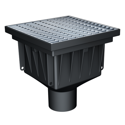 Avaloir de cour MEAPARK en plastique recyclé avec grille caillebotis maille 20/30 en acier galvanisé, résistant à une classe de charge B125 selon la norme EN 1433. Norme PMR, installation simple et rapide, adapté au passage de véhicule léger.