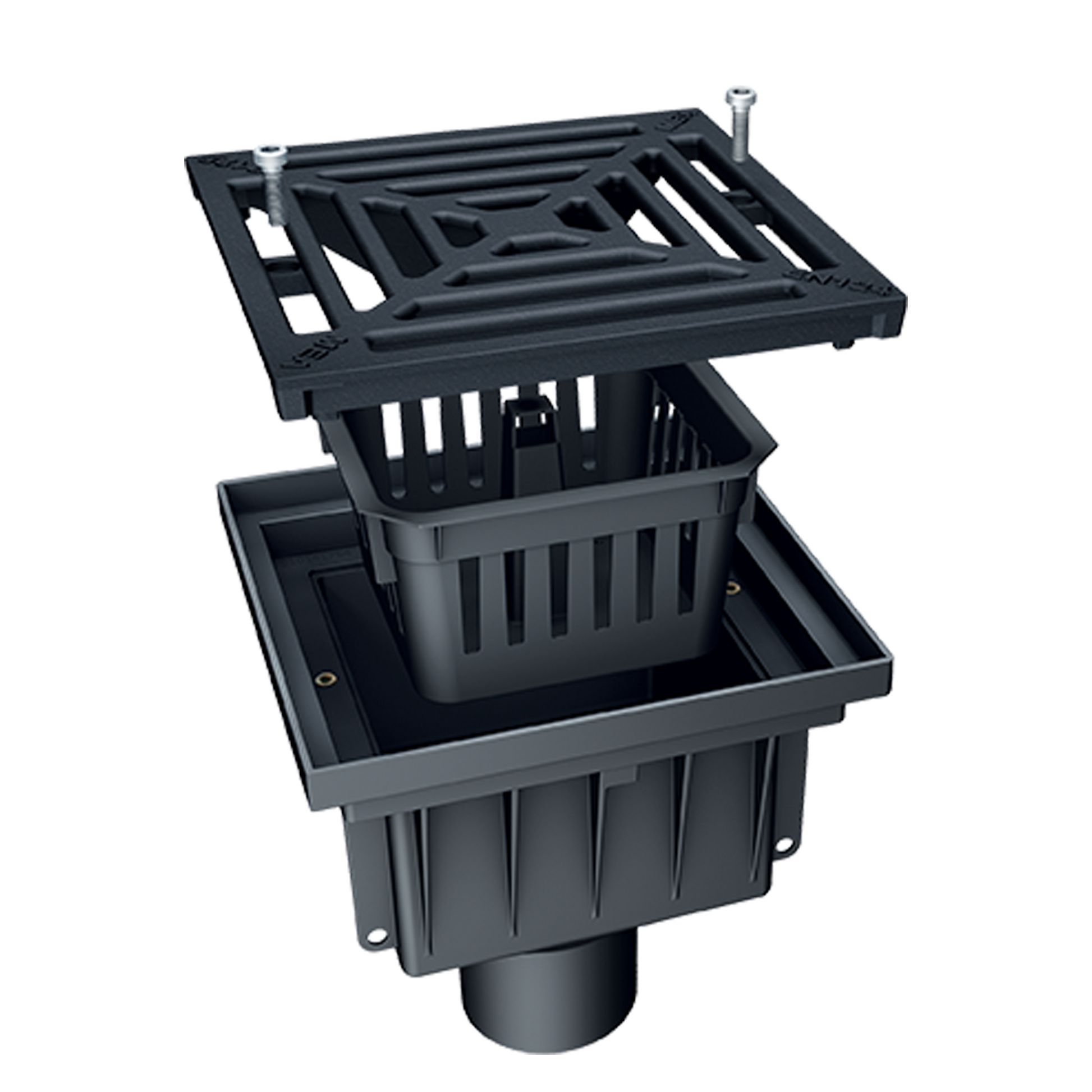 Avaloir de cour MEAPARK en plastique recyclé avec grille en fonte, résistant à une classe de charge B125 selon la norme EN 1433. Norme PMR, installation simple et rapide, adapté au passage de véhicule léger.