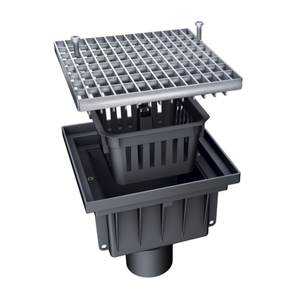 Avaloir de cour MEAPARK en plastique recyclé avec grille caillebotis maille 20/30 en acier galvanisé, résistant à une classe de charge B125 selon la norme EN 1433. Norme PMR, installation simple et rapide, adapté au passage de véhicule léger.