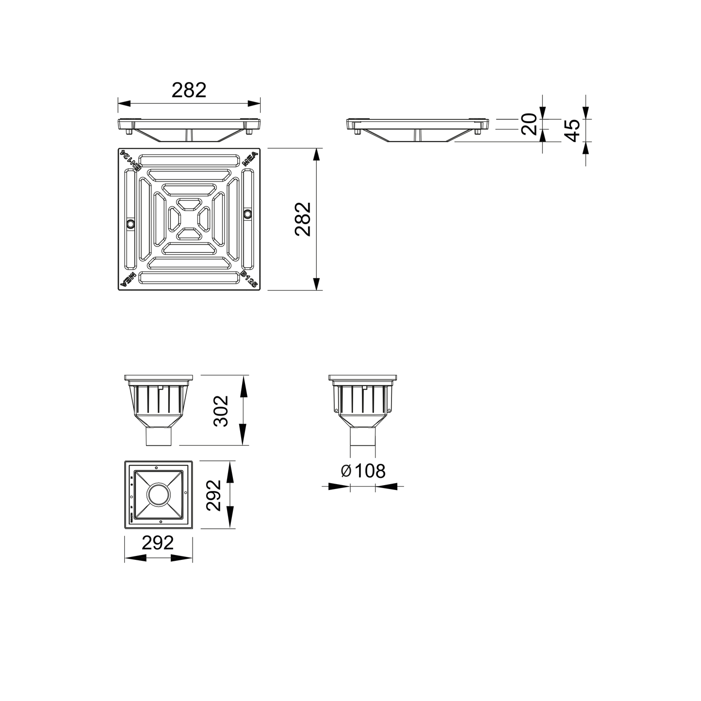 Dessin technique et dimensionnement d'un avaloir de cour MEAPARK en plastique recyclé avec grille en fonte, résistant à une classe de charge B125 selon la norme EN 1433. Norme PMR, installation simple et rapide, adapté au passage de véhicule léger. 
