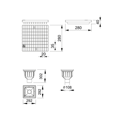 Dessin technique et dimensionnement d'un avaloir de cour MEAPARK en plastique recyclé avec grille caillebotis maille 20/30 en acier galvanisé, résistant à une classe de charge B125 selon la norme EN 1433. Norme PMR, installation simple et rapide, adapté au passage de véhicule léger.