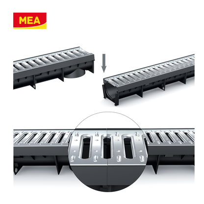 Caniveau en plastique recyclé MEAPARK avec grille en acier galvanisé - Classe de charge A15 - norme PMR - Made in Germany - adapté pour terrasse, jardin et entrée de bâtiment.