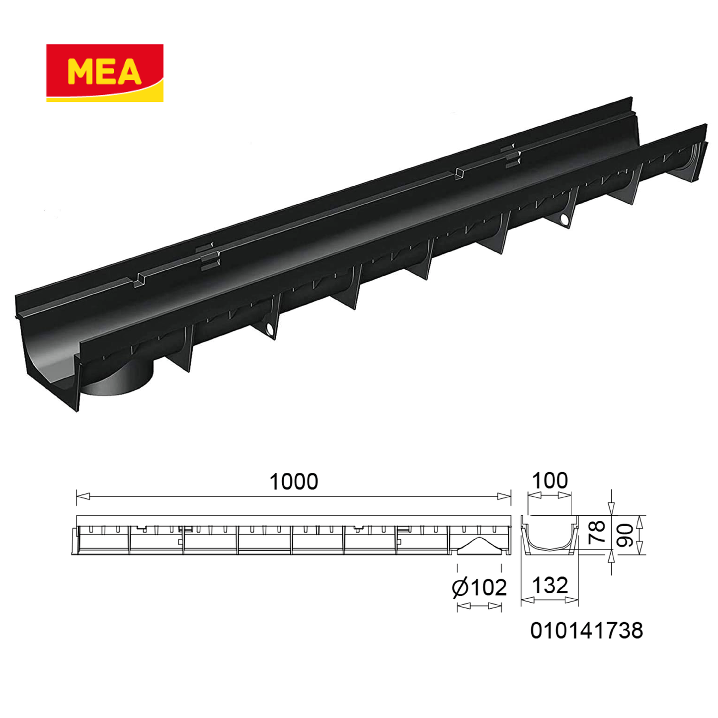 Caniveau design MEAPARK avec grille longitudinale noire en plastique recyclé - longueur 1m - largeur utile 10cm - Classe de charge A15 - Norme PMR - Facile à poser.