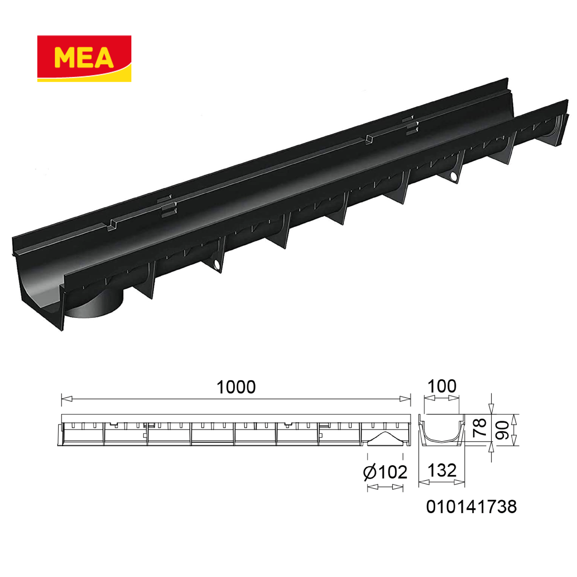 Caniveau design MEAPARK avec grille longitudinale noire en plastique recyclé - longueur 1m - largeur utile 10cm - Classe de charge A15 - Norme PMR - Facile à poser.