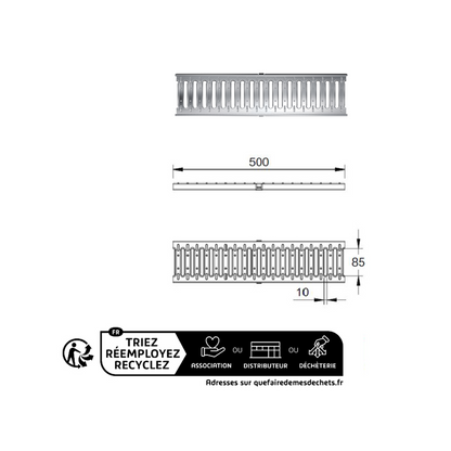 Grille de caniveau 0,5m en acier galvanisé - classe de charge A15 - compatible avec caniveau MEAPARK