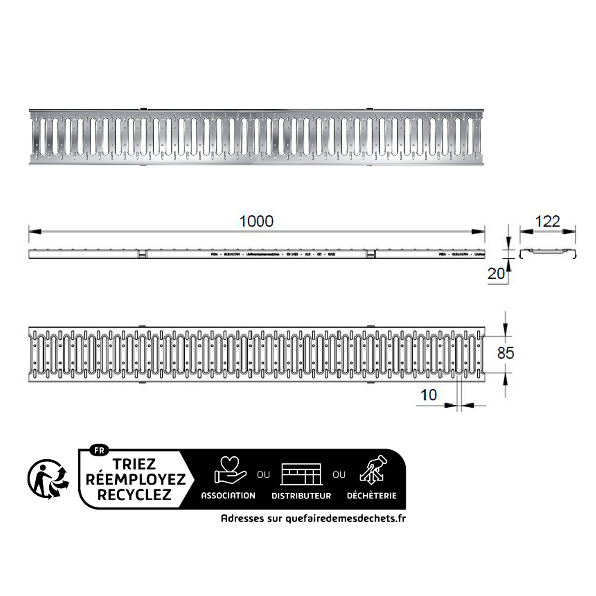 Grille de caniveau 1m en inox V2A - classe de charge A15 - compatible avec caniveau MEAPARK
